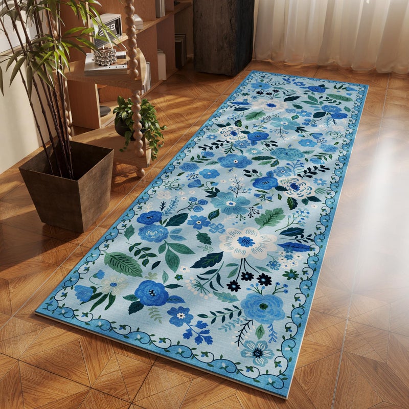 Rugcomf Runner Rug for Hallways Kitchen Rug Non Slip 2'6''x8' Washable Runner Rugs with Rubber Backing Soft Floral Carpet Runner for Hallways, Kitchen, Laundry, Bedroom, Bathroom(Blue) - Image 1
