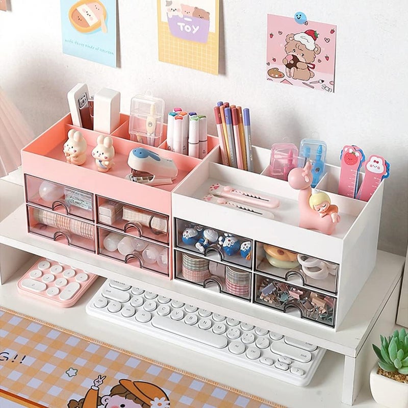 Desktop Storage Box with Drawers – Office Stationery Organizer, Makeup Storage Compartment, Student Desk Pen Holder, Pink - Image 5
