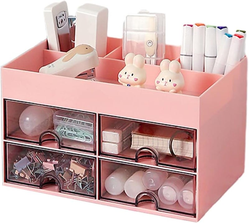Desktop Storage Box with Drawers – Office Stationery Organizer, Makeup Storage Compartment, Student Desk Pen Holder, Pink - Image 1