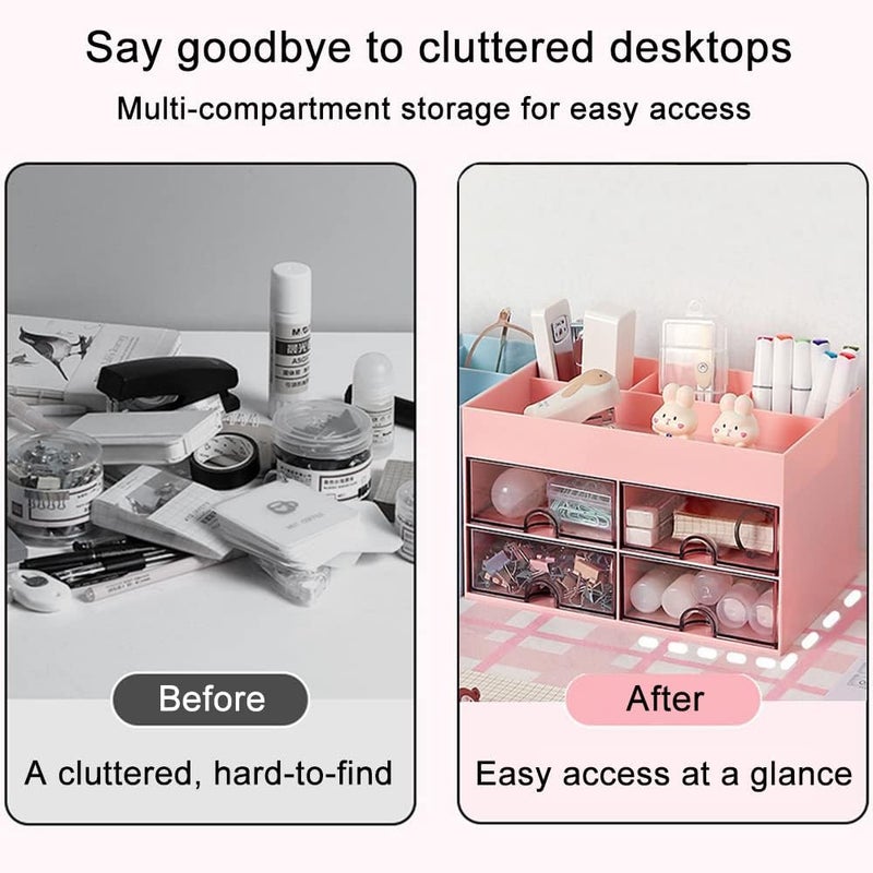 Desktop Storage Box with Drawers – Office Stationery Organizer, Makeup Storage Compartment, Student Desk Pen Holder, Pink - Image 3