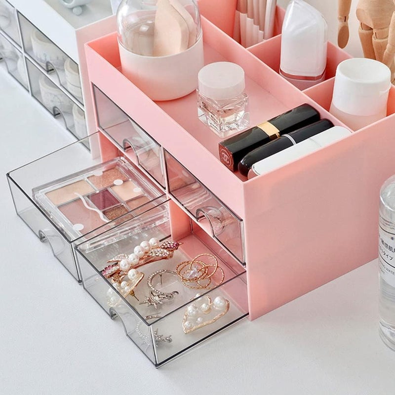 Desktop Storage Box with Drawers – Office Stationery Organizer, Makeup Storage Compartment, Student Desk Pen Holder, Pink - Image 4