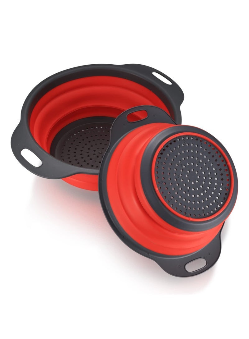 Captaintech 2 Pcs Collapsible Colanders, Foldable Colanders & Food Strainers, Silicone Vegetable Fruit Drain Basket with Handles, Kitchen Strainer Filter Colander for Draining Pasta Fruits Vegetable - Red - Image 2