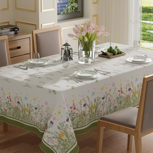 XCHI Wildflowers Grass Butterfly Spring Tablecloth Rectangle Summer Table Cloth Washable Table Covers for Indoor Dining Home Party Decorations 60x84 Inch - Image 1