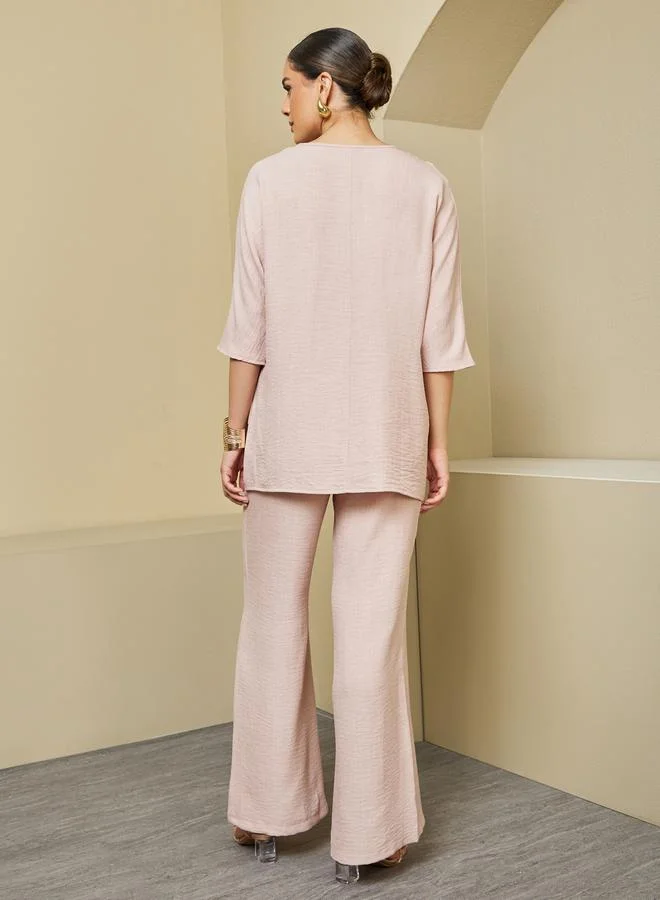 ستايلي Oversized Collared Top and Wide Leg Pants Modest Set