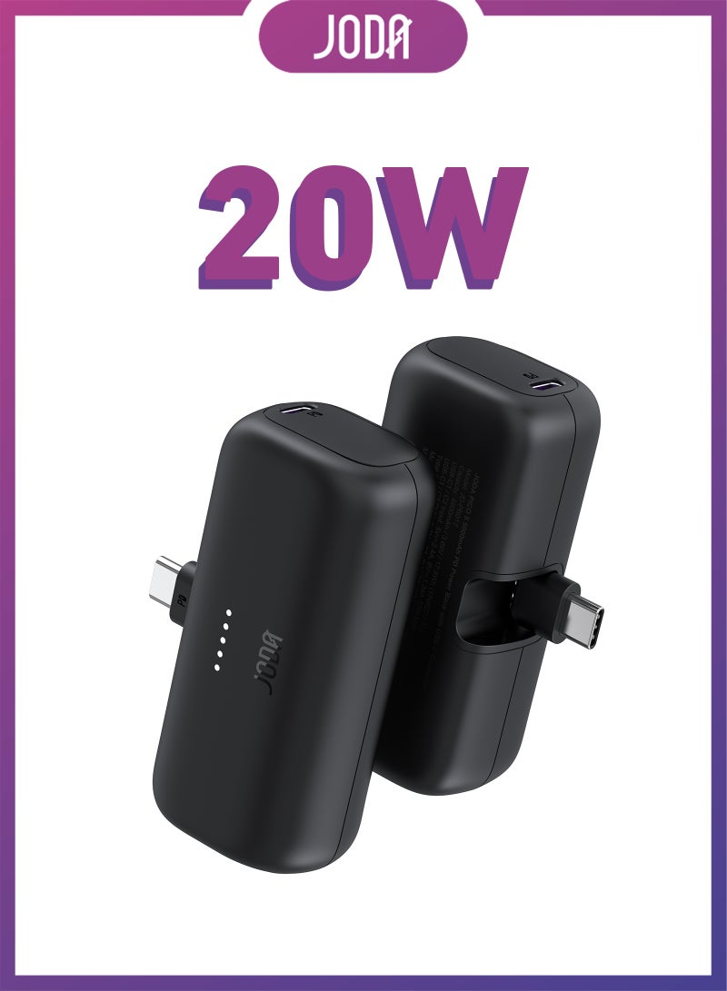 JODA Pocket Size Power Bank 5000mAh 20W Fast Charging Built-in USB-C Plug Mini Portable Charger for iPhone 17 16 15 Galaxy S25 S24 iPad Black JODA PICO 5 - Image 1