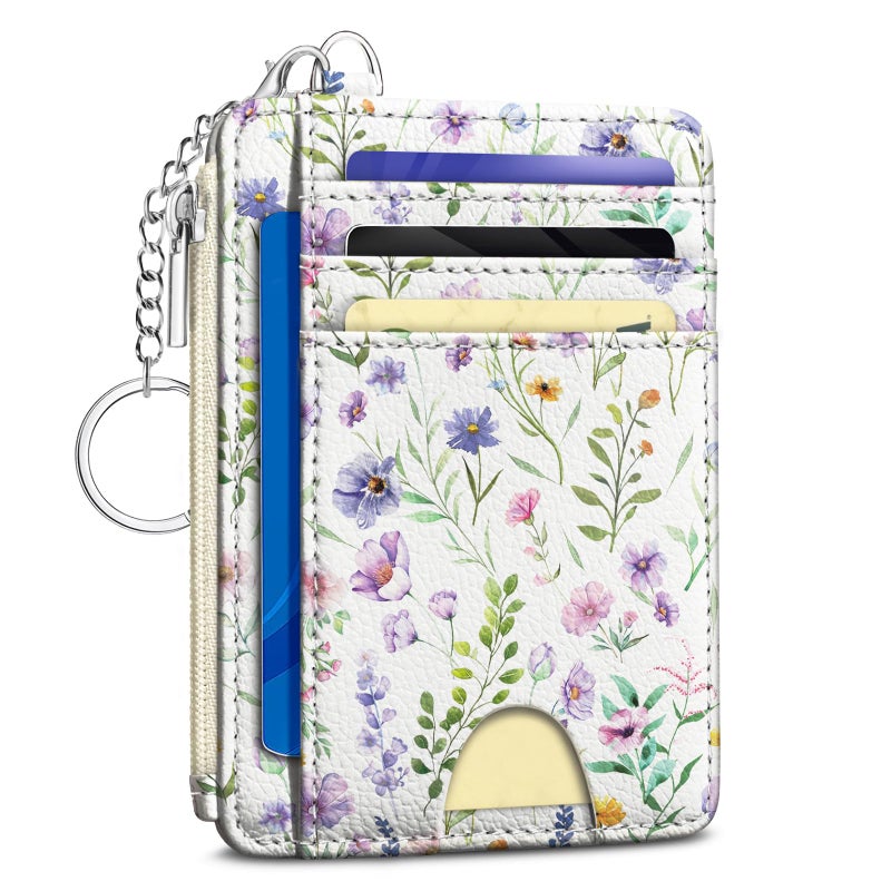 Kelvoris Flowers Credit Card Holder Small Wallet Women, Floral Slim RFID Blocking Wallet Woman Keychain with Zipper Coin Pocket, Front Pocket Thin Travel Card Case Organizer with ID Window Ladies Gift - Image 1