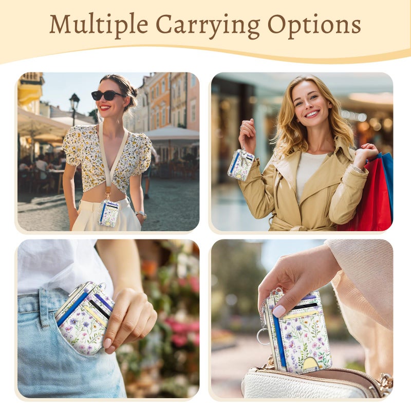 Kelvoris Flowers Credit Card Holder Small Wallet Women, Floral Slim RFID Blocking Wallet Woman Keychain with Zipper Coin Pocket, Front Pocket Thin Travel Card Case Organizer with ID Window Ladies Gift - Image 2