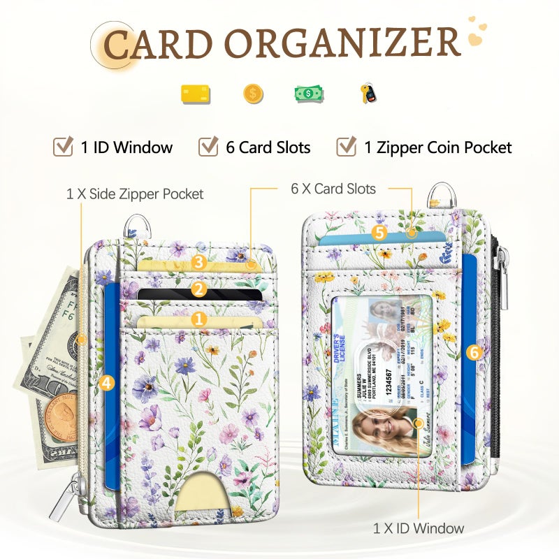 Kelvoris Flowers Credit Card Holder Small Wallet Women, Floral Slim RFID Blocking Wallet Woman Keychain with Zipper Coin Pocket, Front Pocket Thin Travel Card Case Organizer with ID Window Ladies Gift - Image 3