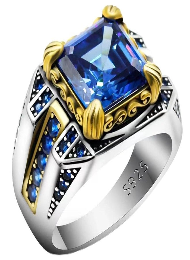 LovePlus Solid S925 Sterling Silver Square Zircon Ring Red Green, Blue Gem Turkey Handmade Elegant Style Men's/Women's Ring, Suitable for Daily Wear Gift Size 7-12 (blue, 12) - Image 1
