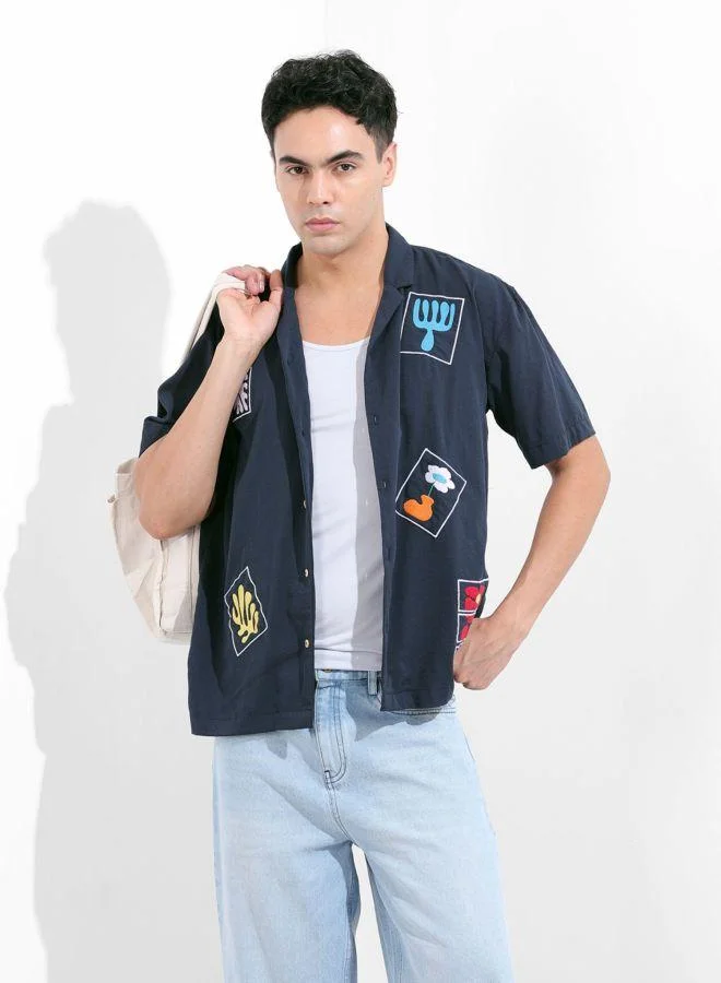 The Indian Garage Co Men Relaxed Fit Embroidered Cuban Collar Half Sleeves Shirt