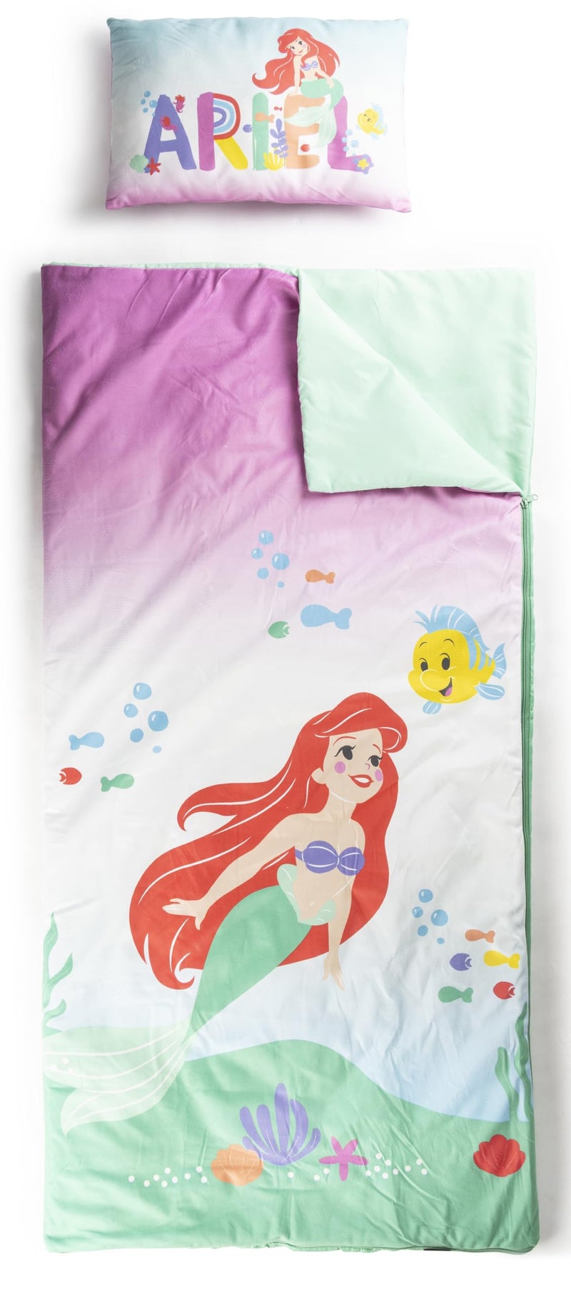 Jay Franco Kids Slumber Bag And Pillow - 54 X 27 Inch Comfy Indoor Sleeping Bag For School And Sleepovers  2 Piece Set  Multi - The Little Mermaid - Image 1