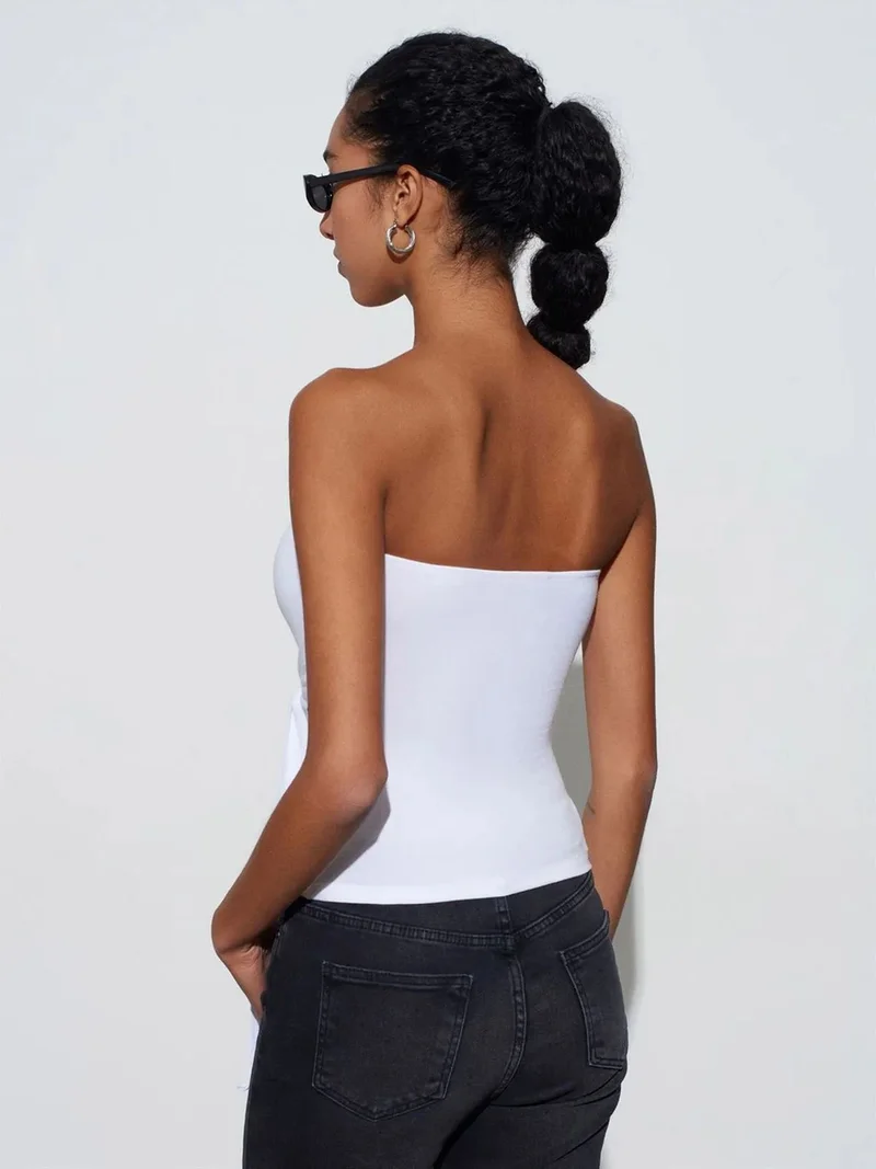 ديلفين Dilvin Strapless Slim-Fit Jersey Blouse With Tie Detail