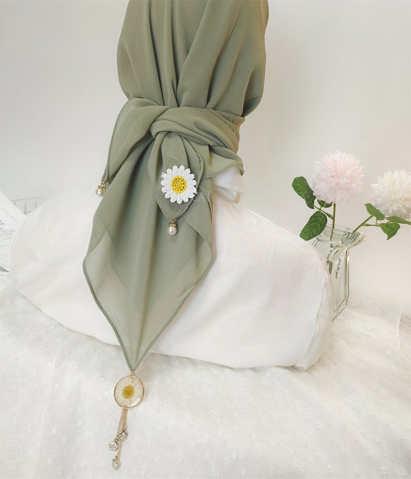New Solid Chiffon Hijab Daisy Print Scarf Pine Leaf color