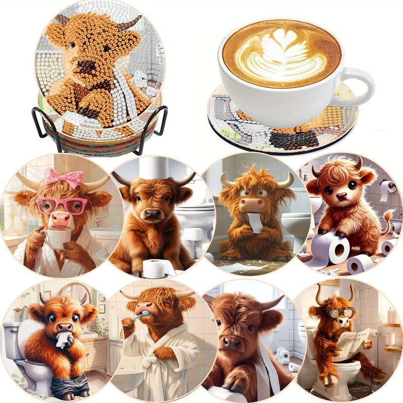 Clendo 8 Pcs 5D Cow Bathroom Diamond Art Coasters Kits with Holder, Diamond Painting Coasters Set for Adults, Small Mini Diamond Dots Kit for Beginners DIY Art Craft Home Decor - Image 1