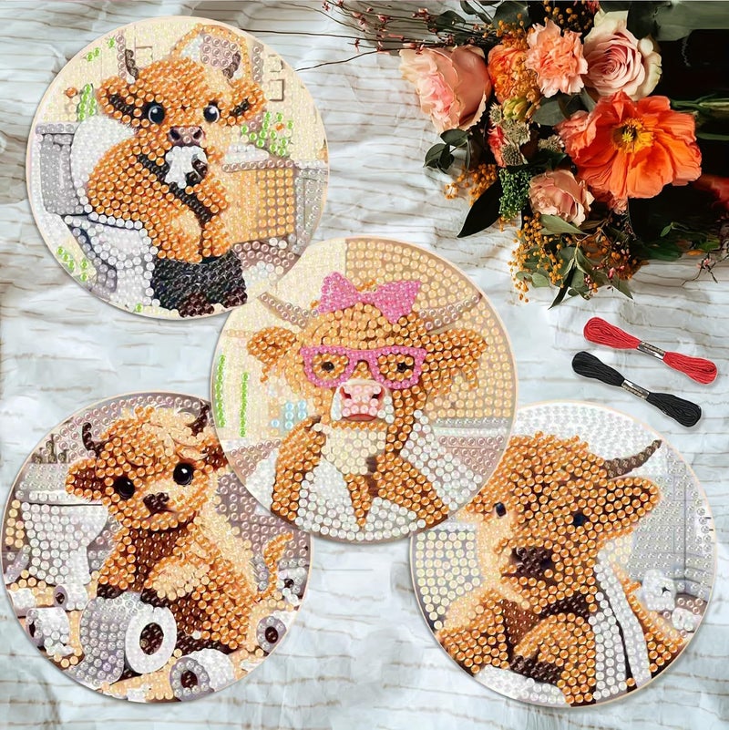 Clendo 8 Pcs 5D Cow Bathroom Diamond Art Coasters Kits with Holder, Diamond Painting Coasters Set for Adults, Small Mini Diamond Dots Kit for Beginners DIY Art Craft Home Decor - Image 2