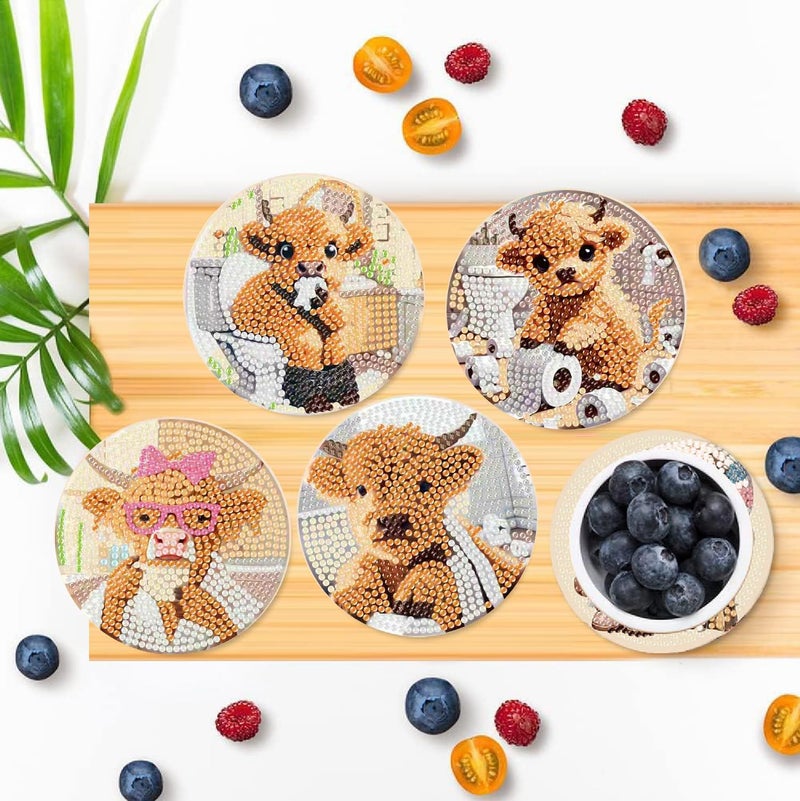 Clendo 8 Pcs 5D Cow Bathroom Diamond Art Coasters Kits with Holder, Diamond Painting Coasters Set for Adults, Small Mini Diamond Dots Kit for Beginners DIY Art Craft Home Decor - Image 4