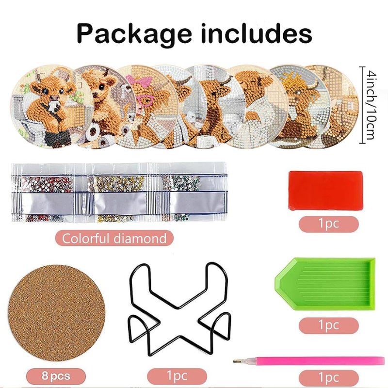 Clendo 8 Pcs 5D Cow Bathroom Diamond Art Coasters Kits with Holder, Diamond Painting Coasters Set for Adults, Small Mini Diamond Dots Kit for Beginners DIY Art Craft Home Decor - Image 3