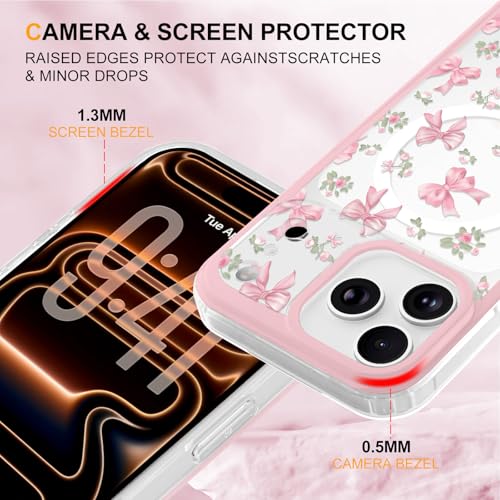 LCHULLE Magnetic for iPhone 17 Pro Max Case Cute Pink Bows [Compatible with Magsafe] Clear Ribbon Bowknot Pattern for Women Girls Hard Back Cover Shockproof Phone Case for iPhone 17 Pro Max, Rose Bows - Image 5