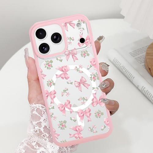 LCHULLE Magnetic for iPhone 17 Pro Max Case Cute Pink Bows [Compatible with Magsafe] Clear Ribbon Bowknot Pattern for Women Girls Hard Back Cover Shockproof Phone Case for iPhone 17 Pro Max, Rose Bows - Image 2