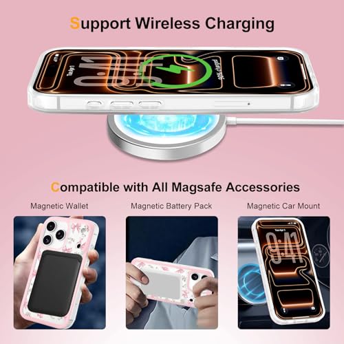 LCHULLE Magnetic for iPhone 17 Pro Max Case Cute Pink Bows [Compatible with Magsafe] Clear Ribbon Bowknot Pattern for Women Girls Hard Back Cover Shockproof Phone Case for iPhone 17 Pro Max, Rose Bows - Image 4