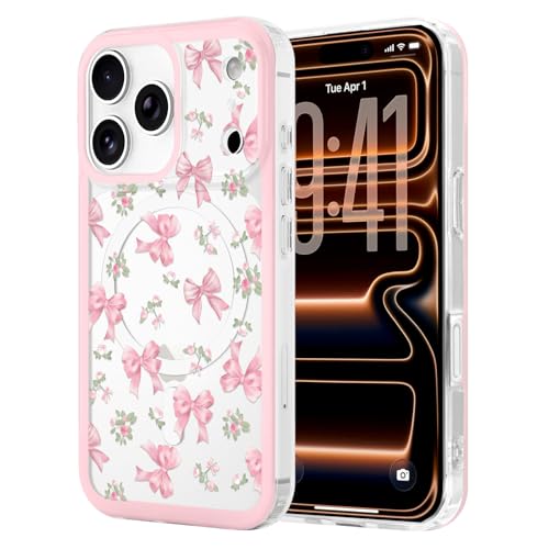LCHULLE Magnetic for iPhone 17 Pro Max Case Cute Pink Bows [Compatible with Magsafe] Clear Ribbon Bowknot Pattern for Women Girls Hard Back Cover Shockproof Phone Case for iPhone 17 Pro Max, Rose Bows - Image 1