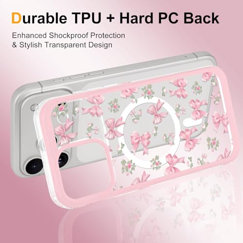LCHULLE Magnetic for iPhone 17 Pro Max Case Cute Pink Bows [Compatible with Magsafe] Clear Ribbon Bowknot Pattern for Women Girls Hard Back Cover Shockproof Phone Case for iPhone 17 Pro Max, Rose Bows - Image 3
