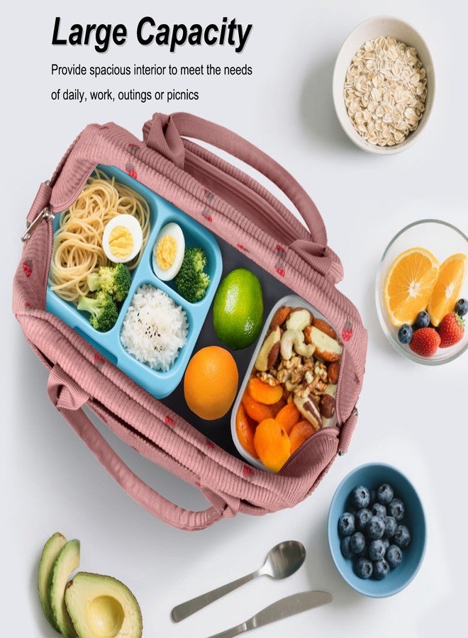 FITDON Insulated Lunch Bag for Women Men, Corduroy Cooler Bag Lunch Box Container Large Lunch Tote Bag for Work School Picnic Travel, Pink Strawberry - Image 2