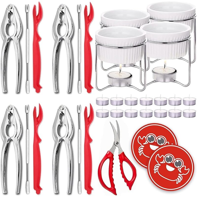 Luvan 33 Pcs Seafood Tools Set with 4 Crab ers, 4 Crab Leg Forks/Picks, 4 Lobster Shellers, 1 Seafood Scissors, 4 er Warmers, 14 Tealight Candles and 2 Crab Grabbers - Nut er Set - Image 1