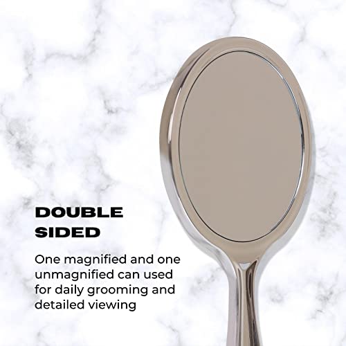 Scarlet Line Professional Series Medium Round Shape Double Sided Magnifying Makeup Hand Mirror with Handle for Men and Women, Silver, 27X14.5X1 cm - Image 3