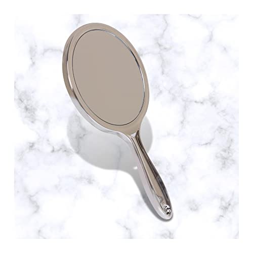 Scarlet Line Professional Series Medium Round Shape Double Sided Magnifying Makeup Hand Mirror with Handle for Men and Women, Silver, 27X14.5X1 cm - Image 1