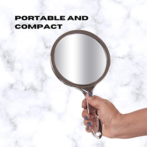 Scarlet Line Professional Series Medium Round Shape Double Sided Magnifying Makeup Hand Mirror with Handle for Men and Women, Silver, 27X14.5X1 cm - Image 4