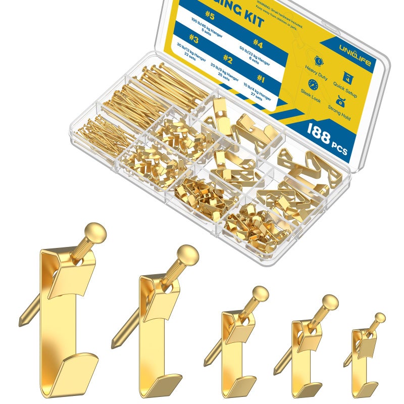 Uniclife 188 Pcs Picture Hanging Kit, 10 lb, 20 lb, 30 lb, 50 lb, 100 lb Heavy Duty Picture Hangers for Drywall & Wood, Picture Hanging Hooks, Frame Hooks for Hanging Photos Mirrors Paintings - Image 1