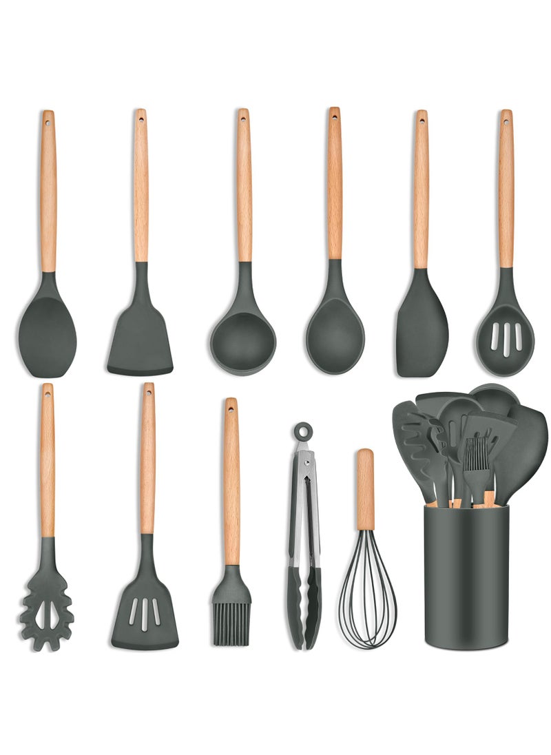 P&P CHEF PP CHEF Silicone Cooking Utensils Set 12PCS Kitchen Utensils Set with Wooden Handle for Nonstick Cookware Ladle Spoon Spatula Tong Heatresistant  Nonscratch Non Smell  Healthy Gray 