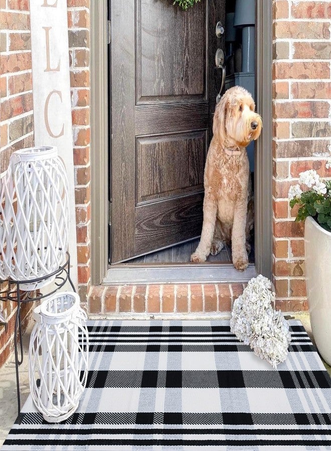 Fallovea Black and White Plaid Rugs, 2'x4.3' Area Rug Outdoor Indoor Front Porch Doormat Cotton Hand-Woven Layered Door Mats for Entryway Patio Entryway Laundry Bedroom Living Room - Image 4