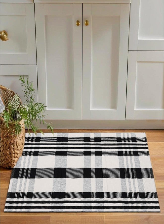 Fallovea Black and White Plaid Rugs, 2'x4.3' Area Rug Outdoor Indoor Front Porch Doormat Cotton Hand-Woven Layered Door Mats for Entryway Patio Entryway Laundry Bedroom Living Room - Image 1
