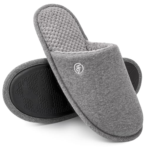 EverFoams Men's Cotton Knit Slippers Lightweight Memory Foam Indoor House Shoes with Anti-Skid Sole (9-10 M US, Grey) - Image 1