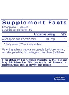 بيور إنكابسيليشن حمض ألفا ليبويك 600 مجم من Pure Encapsulations - مكمل حمض ألفا ليبويك لدعم الكبد ومضادات الأكسدة وصحة الأعصاب وصحة القلب والأوعية الدموية ودعم الكربوهيدرات - حمض ألفا ليبويك الممتاز - 60 كبسولة  - Image 2