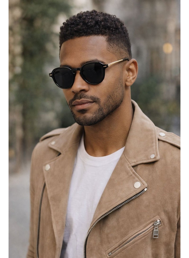 LUMIERE Men’s Round Black Sunglasses with Gold Metal Arms – UV Protection Stylish Fashion Eyewear - Image 1