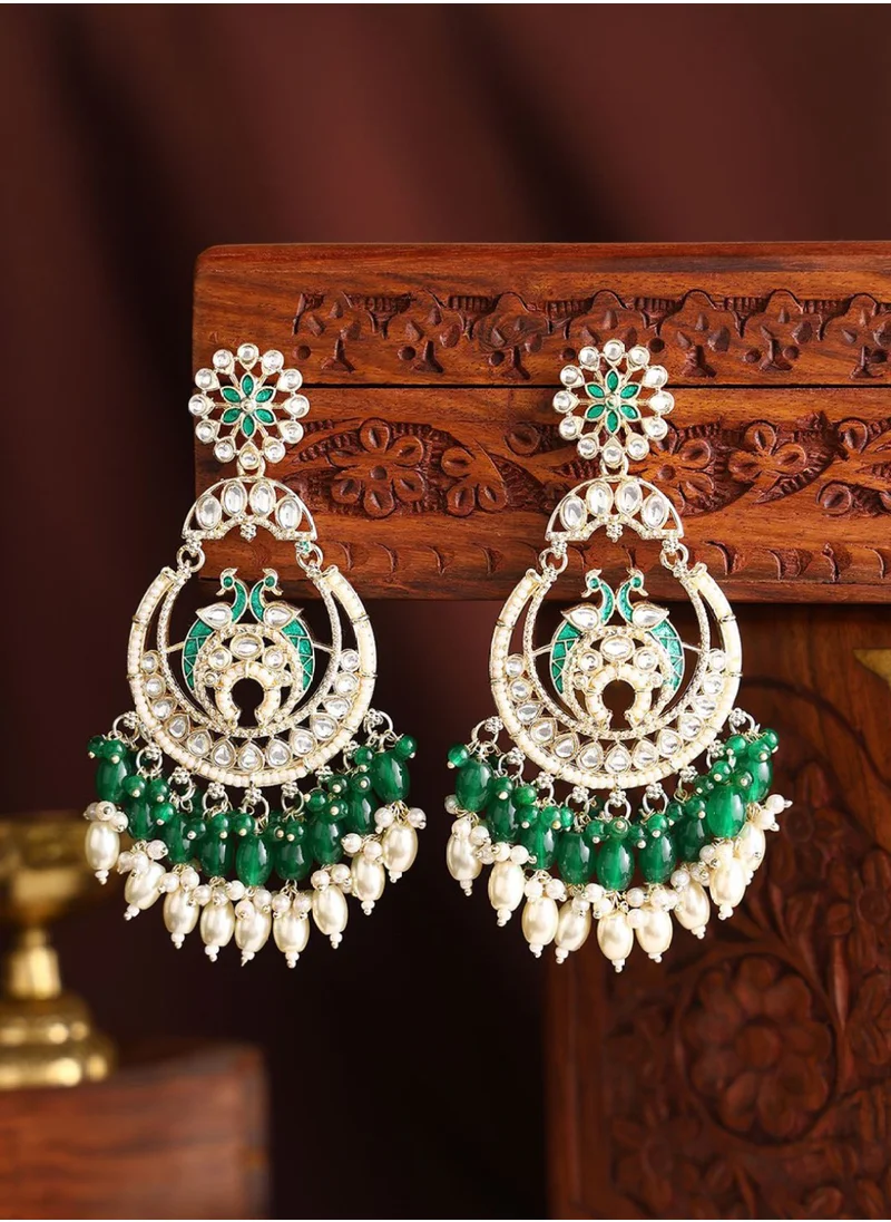 Priyaasi Twin Peacocks Kundan Stone Studded  Pearls Beaded Chandbalis