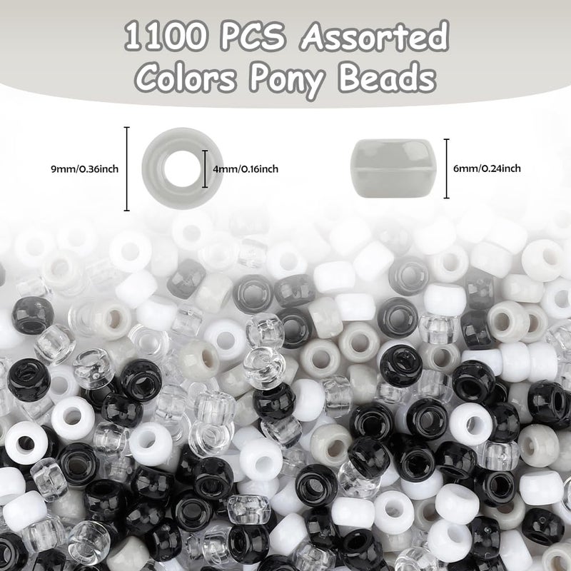 anpiwshjo Pony Beads Bulk 1100 Pcs, Beads Jewelry Making, Beads Bracelets Making, Hair Beads, Bracelet Beads, Plastic Beads Crafts, Hair Beads Braids Girls(Black, White & Gray Color) - Image 2