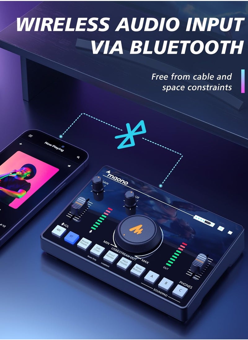 Maono - Streaming Audio Mixer/Live sound card/Audio Interface with Pro-preamp/Bluetooth/Built-in Battery/Noise Cancellation/48V Phantom Power for Live Streaming/Podcast Recording/Gaming - Image 1