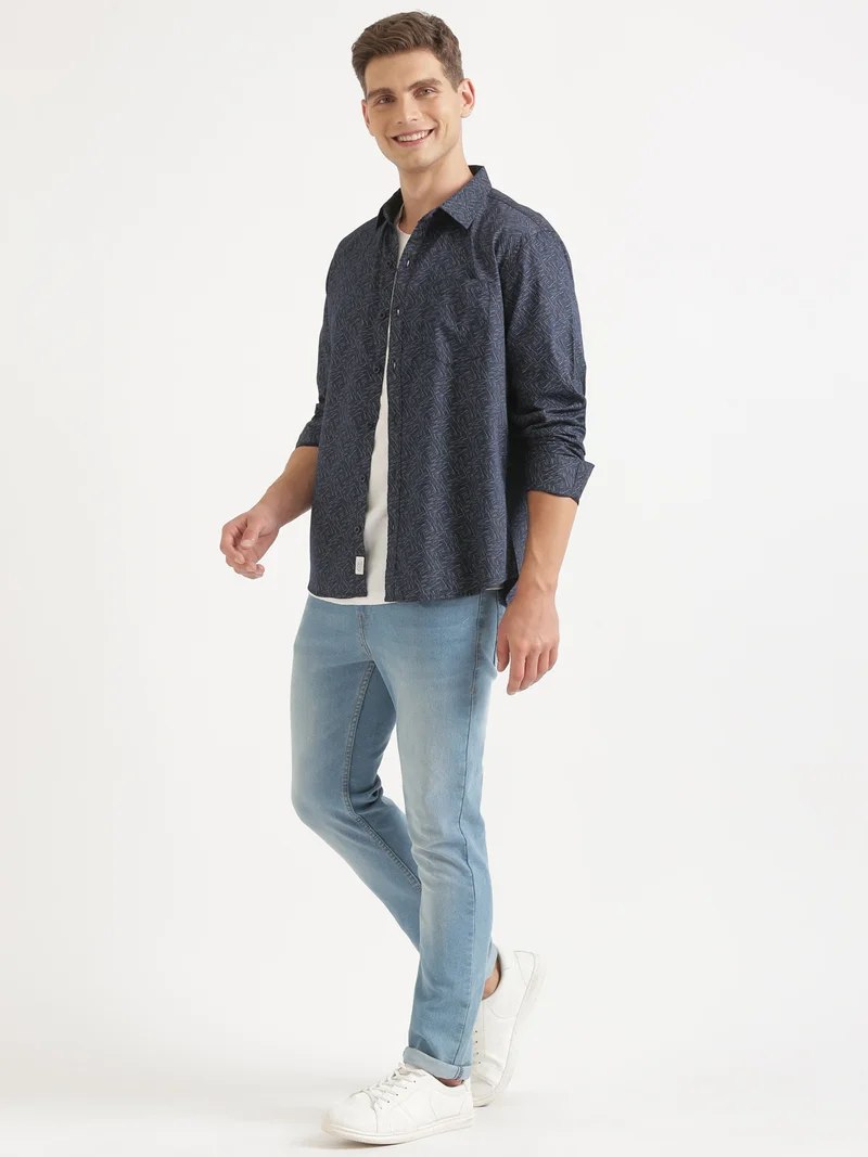 جوفن قميص كاجوال رجالي مطبوع باللون الأزرق الداكن