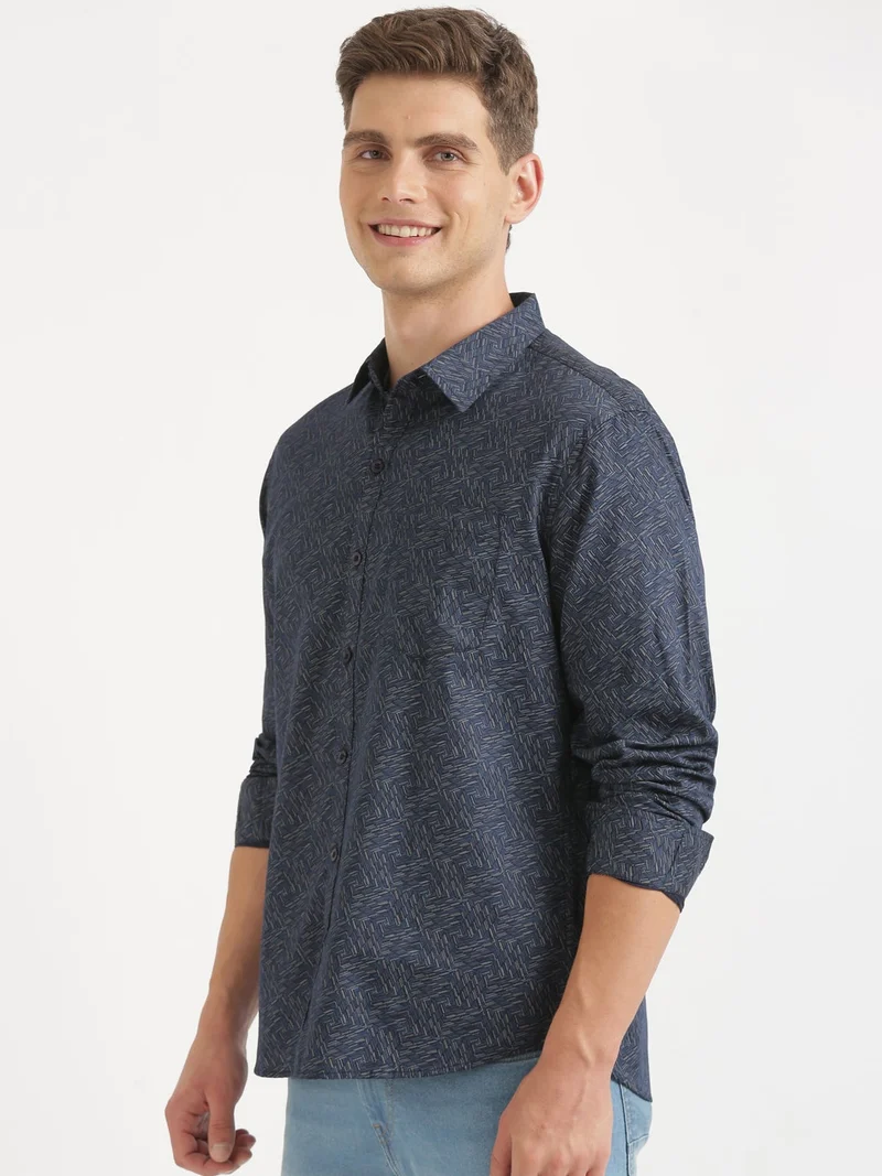 جوفن قميص كاجوال رجالي مطبوع باللون الأزرق الداكن