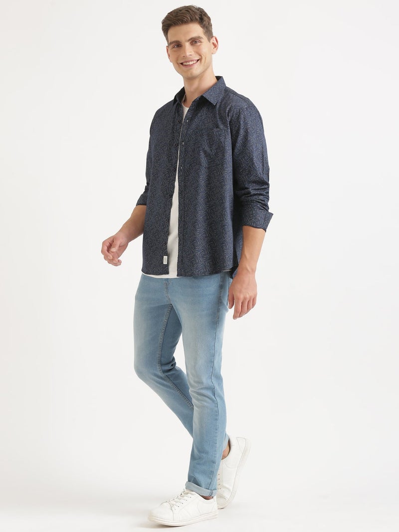 Joven Navy Blue Printed Casual Shirt for Men - Image 3