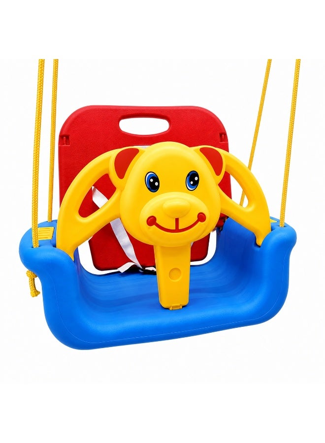 Safe and comfortable baby swing with a safety belt and protective bar.