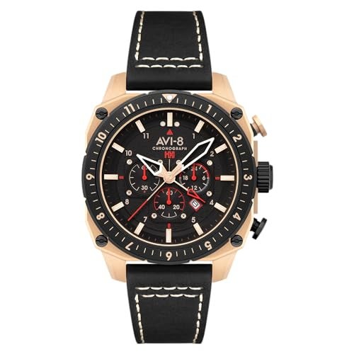 AVI-8 AVI8 Mens 44mm Hawker Hunter Atlas Dual Time Chronograph Jet Black Watch with Leather Strap AV410006 - Image 1