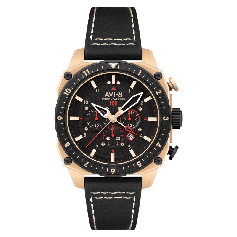 AVI-8 AVI8 Mens 44mm Hawker Hunter Atlas Dual Time Chronograph Jet Black Watch with Leather Strap AV410006 - Image 2