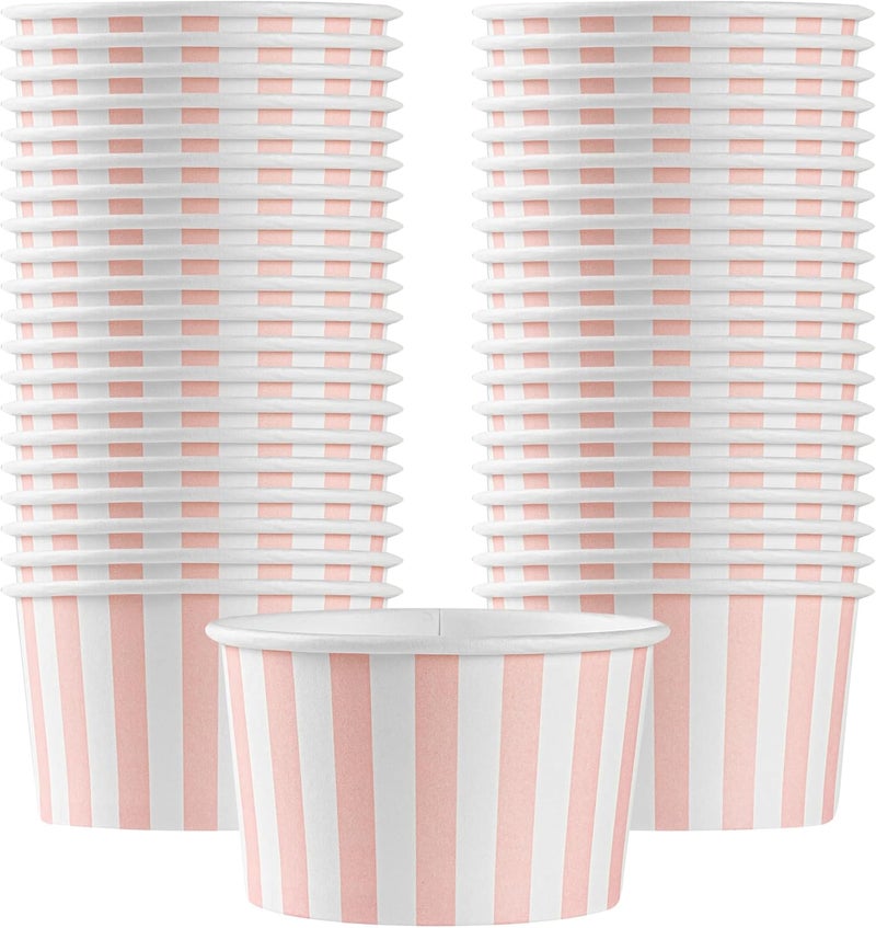 Restaurantware أكواب حلوى 5 أونصات أكواب آيس كريم قابلة للتصرف 50 غطاء يباع بشكل منفصل أكواب فريو مزينة بخطوط وردية وبيضاء للمواد الغذائية الساخنة والباردة مثالية للجيلاتو أو الموسى - Image 1