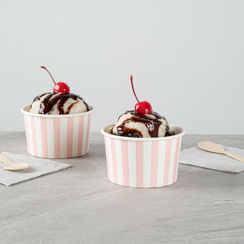 Restaurantware أكواب حلوى 5 أونصات أكواب آيس كريم قابلة للتصرف 50 غطاء يباع بشكل منفصل أكواب فريو مزينة بخطوط وردية وبيضاء للمواد الغذائية الساخنة والباردة مثالية للجيلاتو أو الموسى - Image 4