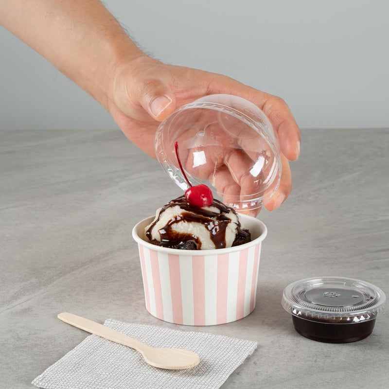 Restaurantware أكواب حلوى 5 أونصات أكواب آيس كريم قابلة للتصرف 50 غطاء يباع بشكل منفصل أكواب فريو مزينة بخطوط وردية وبيضاء للمواد الغذائية الساخنة والباردة مثالية للجيلاتو أو الموسى - Image 5